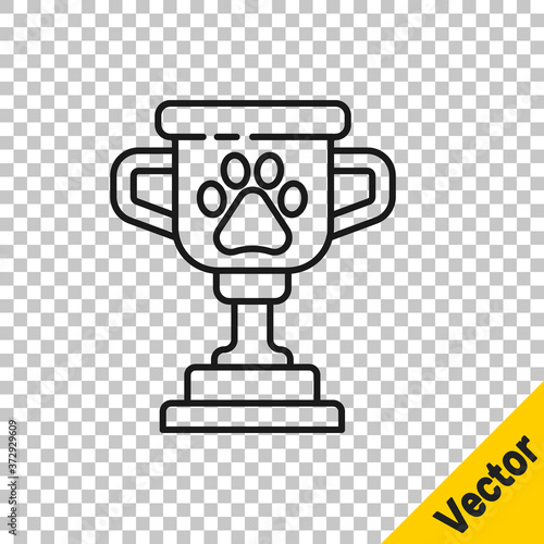 Black line Pet award symbol icon isolated on transparent background. Medal with dog footprint as pets exhibition winner concept. Vector.