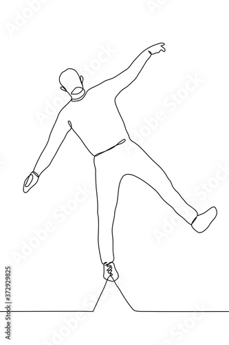 full-length man stands on a sharp peak, it is difficult for him to balance. One continuous line art concept of keeping balance, mental health, solving a difficult problem, stress, tension, unbearable