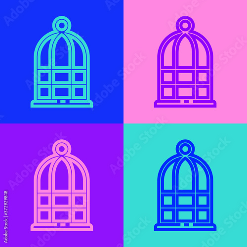 Pop art line Cage for birds icon isolated on color background. Vector.