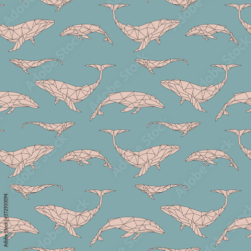 Seamless pattern with polygon whales. Low poly animal. Triangle graphic, origami style. Blue pink background. Abstract geometric modern design. Vector illustration for fabric, printing, t-shirts