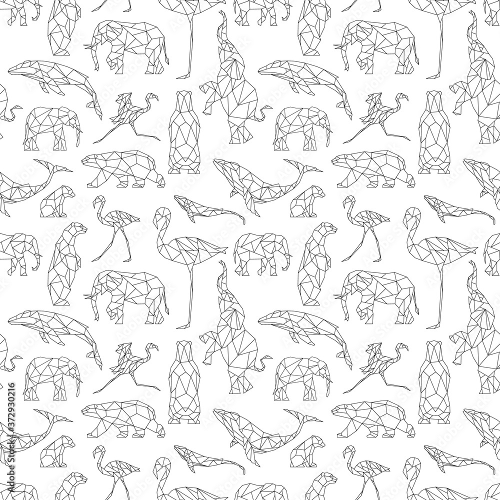 Seamless pattern with polygon animals. Low poly bear, flamingo, whale, elephant. Triangle graphic, origami style. Abstract geometric modern design. Vector illustration for fabric, printing, t-shirts