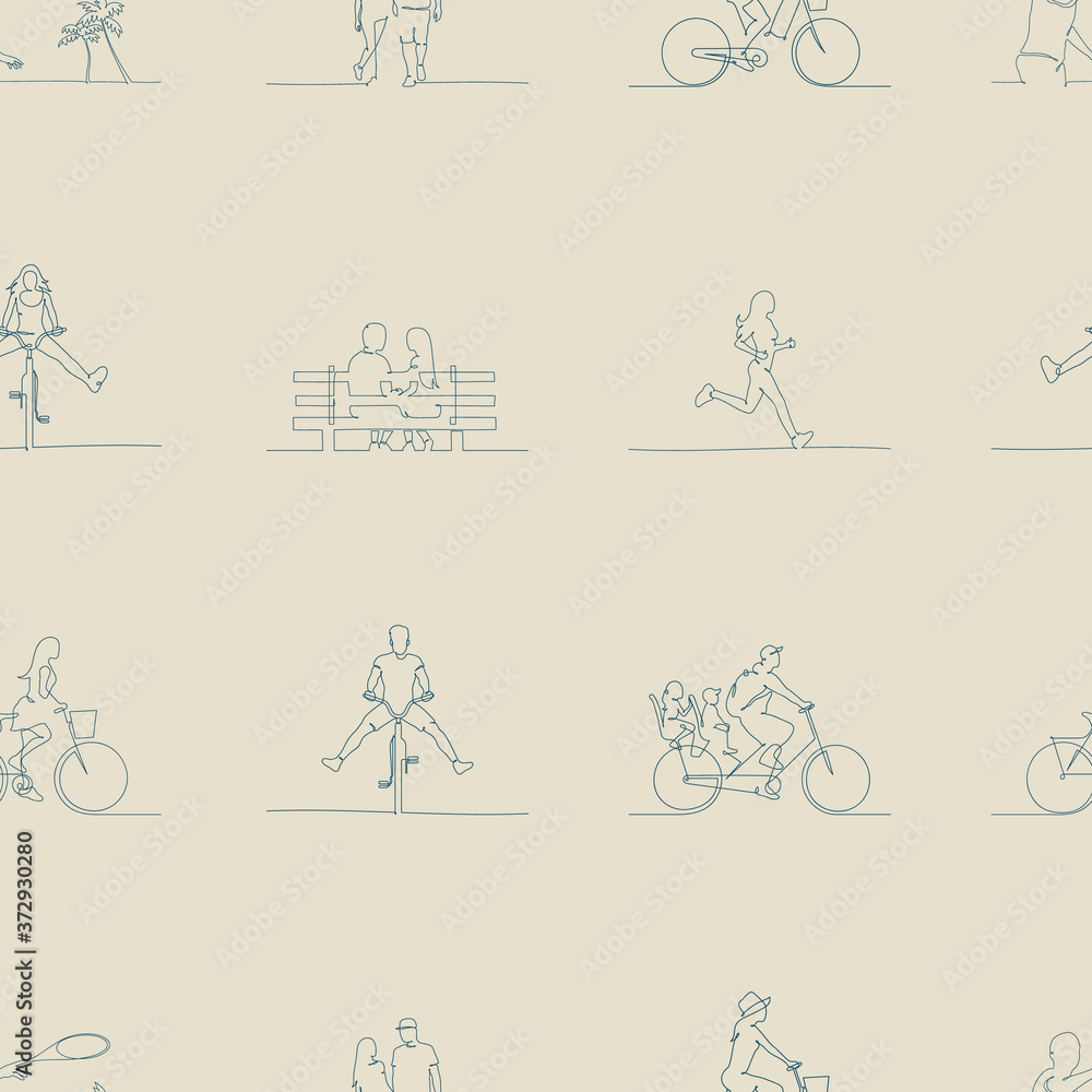 Seamless pattern with silhouettes of people in park. Continuous line drawing of lovers, cyclists, jogging, beach games. Beige cream background. Vector illustration for fabric, prints, t-shirts
