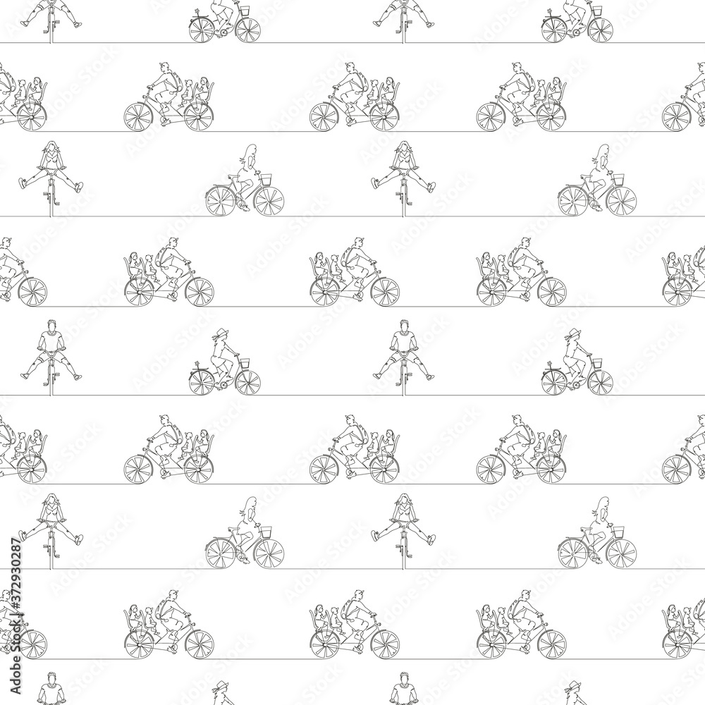 Seamless pattern with silhouettes of cyclists on bicycles. Continuous ...