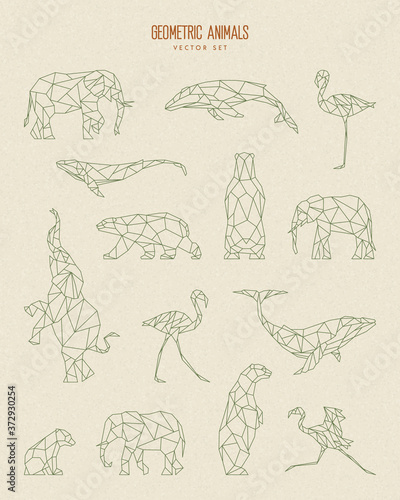 Polygon animals and birds. Polar bear, flamingo, humpback whale, elephant. Set of isolated low poly elements. Triangle graphic, origami style. Abstract geometric modern design. Vector illustration