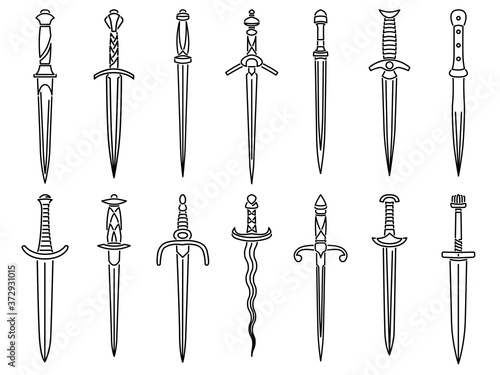 Set of simple vector images of medieval dirks and daggers drawn in art line style.