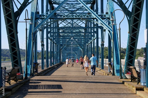 Chattanooga, Tennessee, United States. People walks on the Walnut Street Bridge.