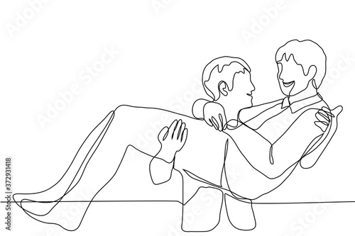two men, one of whom holds the other in his arms (like a bride), both guys smile and look at each other. One continuous line art concept of male gay wedding, romantic and love gesture, friends