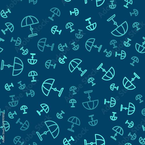 Green line Sun protective umbrella for beach icon isolated seamless pattern on blue background. Large parasol for outdoor space. Beach umbrella. Vector.