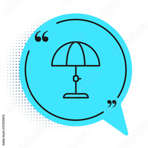 Black line Sun protective umbrella for beach icon isolated on white background. Large parasol for outdoor space. Beach umbrella. Blue speech bubble symbol. Vector.