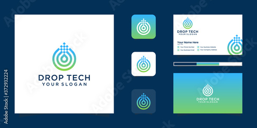 Drop tech logo with line art style and business card design, luxury, abstract, gradient, icon, and business card
