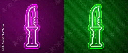 Glowing neon line Military knife icon isolated on purple and green background. Vector.