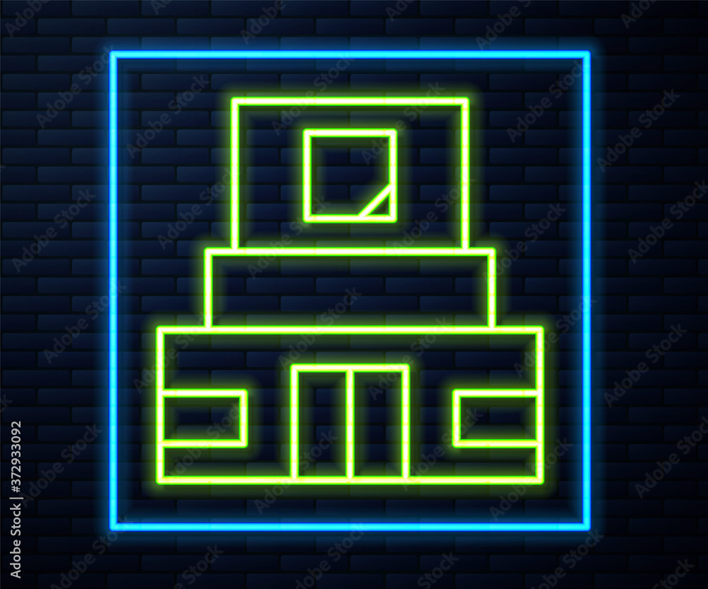 Glowing neon line Mausoleum of Lenin icon isolated on brick wall background. Russia architecture landmarks, sightseeing places. Royal Citadel at Red Square, Moscow. Vector. Glowing neon line Mausoleum of Lenin icon isolated on brick wall background. Russia architecture landmarks, sightseeing places. Royal Citadel at Red Square, Moscow. Vector.