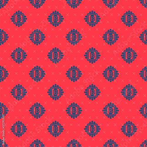 Blue line CPU mining farm icon isolated seamless pattern on red background. Bitcoin sign inside processor. Cryptocurrency mining community. Digital money. Vector.