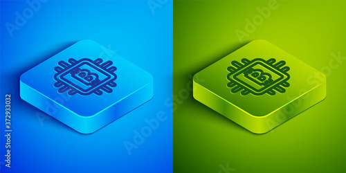 Isometric line CPU mining farm icon isolated on blue and green background. Bitcoin sign inside processor. Cryptocurrency mining community. Digital money. Square button. Vector.