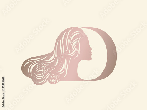 Woman with long, wavy hairstyle and letter D.Hair salon and beauty studio logo.Lettering icon and profile portrait silhouette.Rose gold color.Cosmetics and spa face isolated on light background.