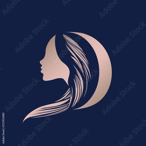 Woman with long, wavy hairstyle and letter D.Hair salon and beauty studio logo.Lettering icon and profile portrait silhouette.Rose gold color.Cosmetics and spa.