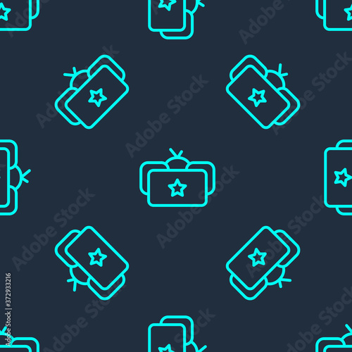 Green line Ushanka icon isolated seamless pattern on blue background. Russian fur winter hat ushanka with star. Soviet Union uniform of KGB and NKVD. Vector.