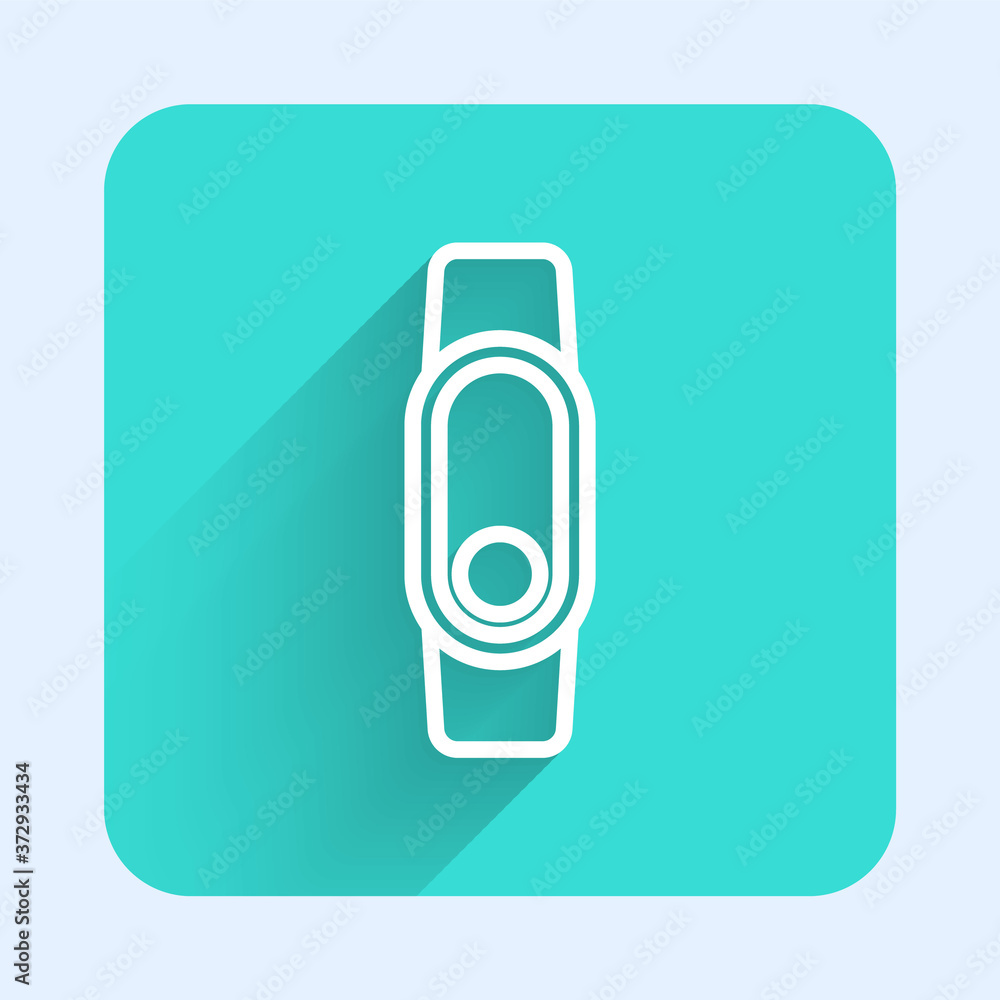 White line Smartwatch icon isolated with long shadow. Green square button. Vector. White line Smartwatch icon isolated with long shadow. Green square button. Vector.