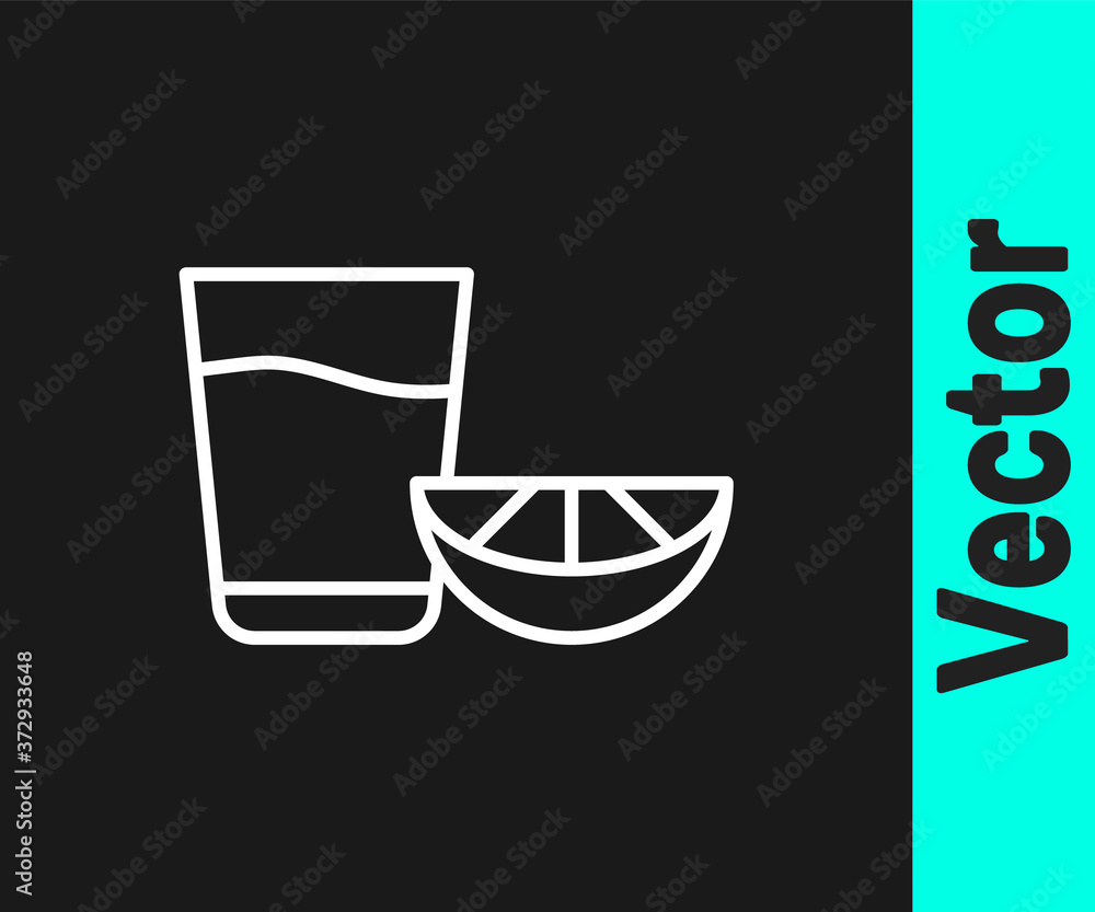 Fototapeta premium White line Tequila glass with lemon icon isolated on black background. Mexican alcohol drink. Vector.