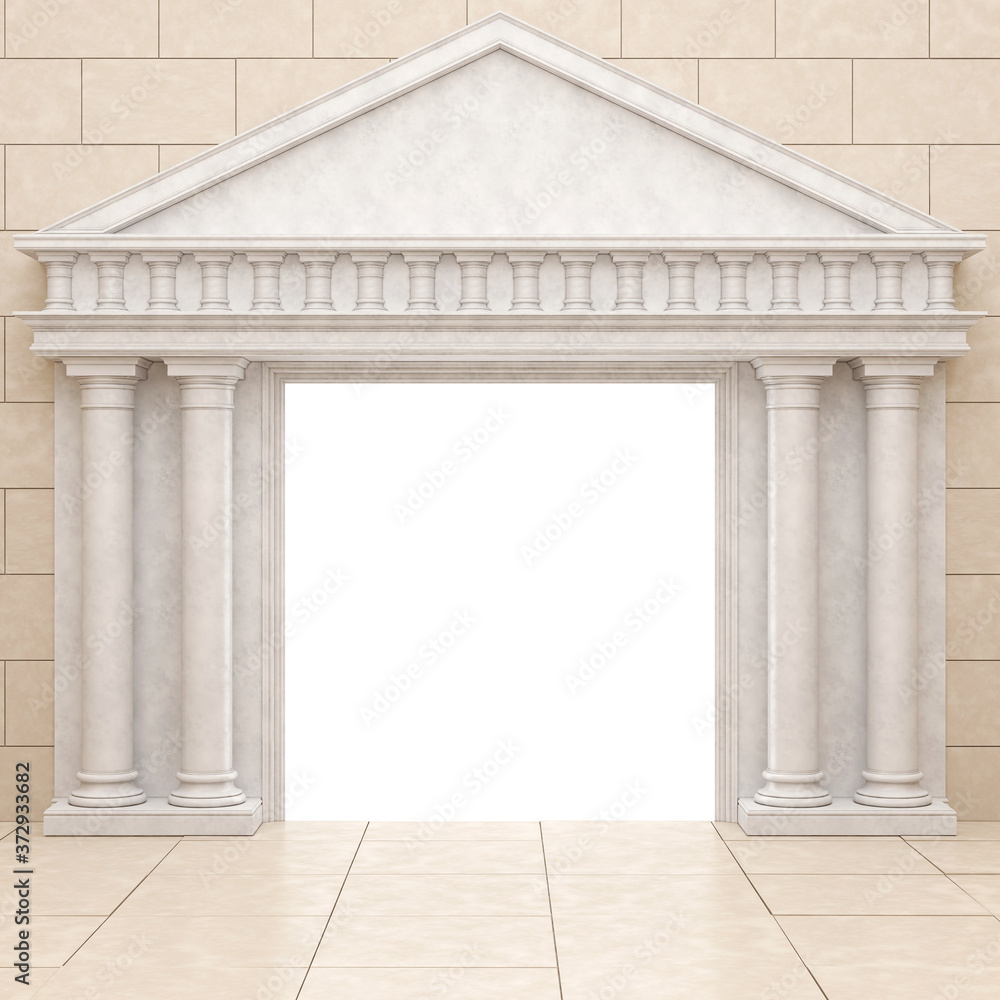 White portal in antique style, against a beige stone wall. Glowing portal with columns in a classic style. 3D Render