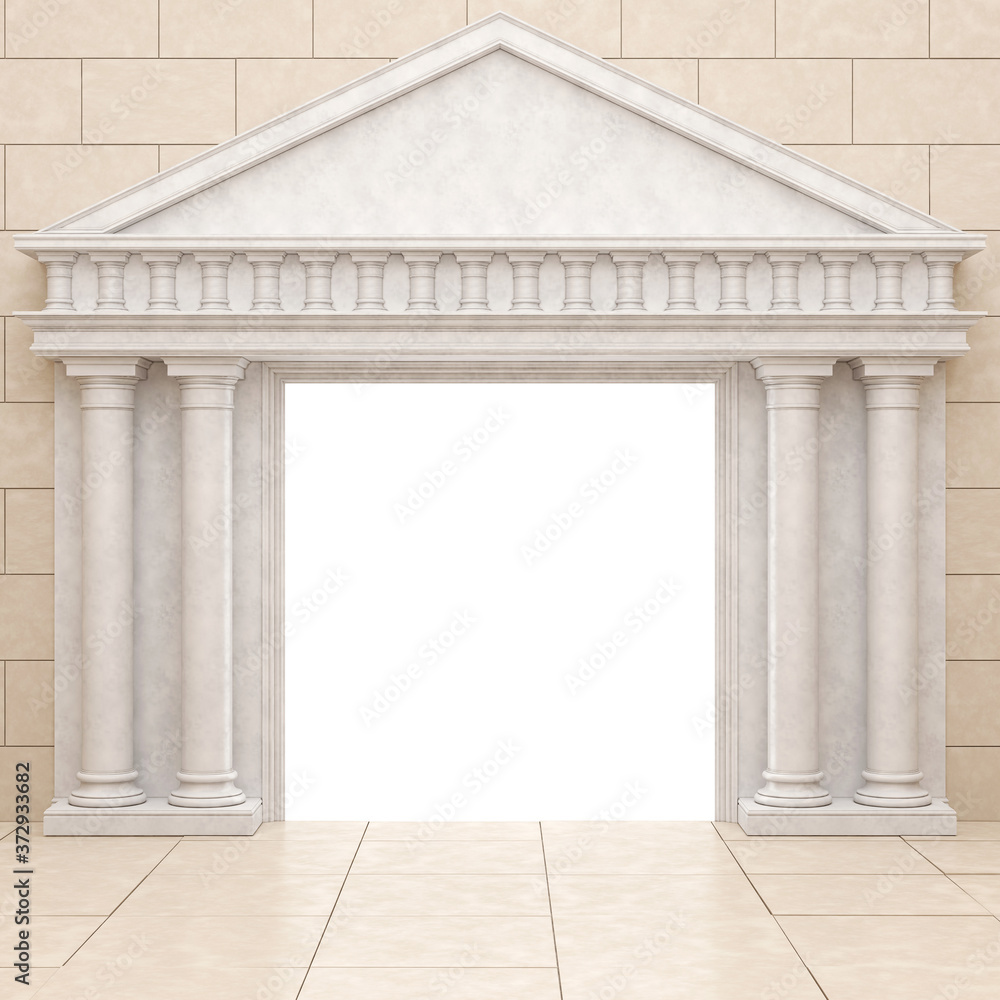 Obraz premium White portal in antique style, against a beige stone wall. Glowing portal with columns in a classic style. 3D Render