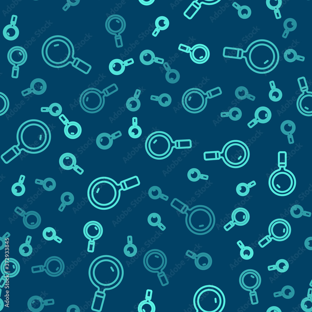 Green line Magnifying glass icon isolated seamless pattern on blue background. Search, focus, zoom, business symbol. Vector.