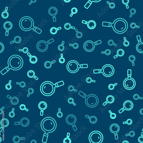Green line Magnifying glass icon isolated seamless pattern on blue background. Search, focus, zoom, business symbol. Vector.