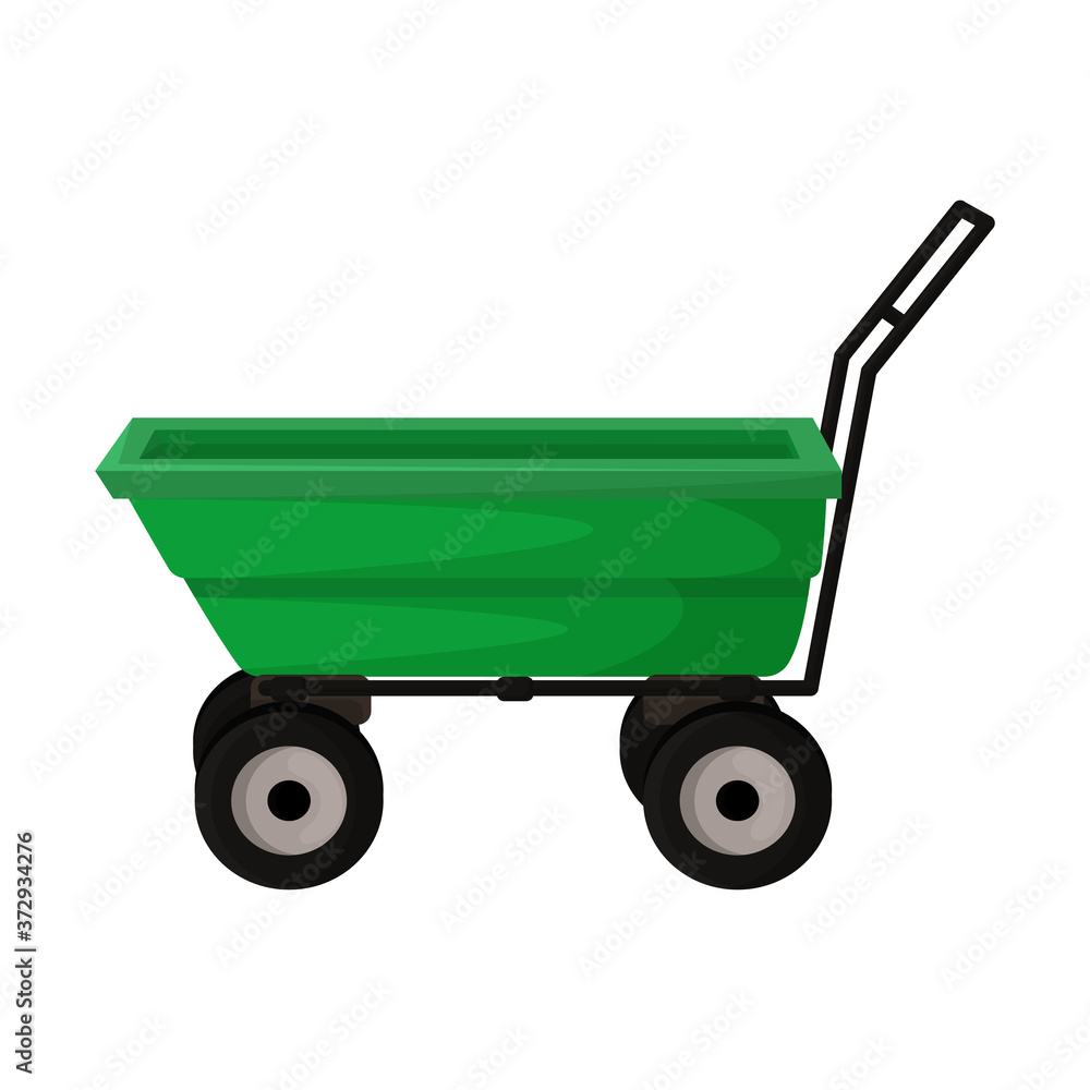 Vector illustration of green garden cart in cartoon style and side view. Design a children's toy or for gardening, harvesting, planting seedlings Vector illustration of green garden cart in cartoon style and side view. Design a children's toy or for gardening, harvesting, planting seedlings