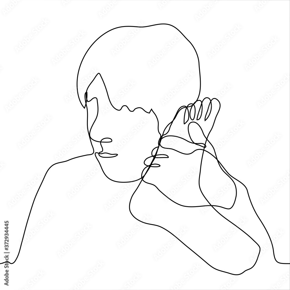 man holds his foot like a phone. One continuous line drawing concept of a fool, no communication signal, diagnosis for sore legs, inability to go to the sea/ocean and listen to a seashell man holds his foot like a phone. One continuous line drawing concept of a fool, no communication signal, diagnosis for sore legs, inability to go to the sea/ocean and listen to a seashell