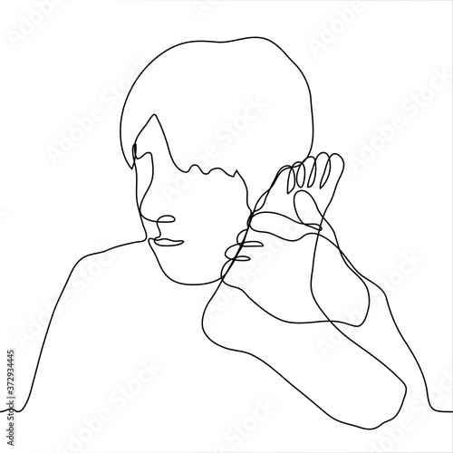 man holds his foot like a phone. One continuous line drawing concept of a fool, no communication signal, diagnosis for sore legs, inability to go to the sea/ocean and listen to a seashell