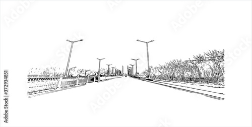 Building view with landmark of Anyang is a prefecture-level city in Henan province, China. Hand drawn sketch illustration in vector.