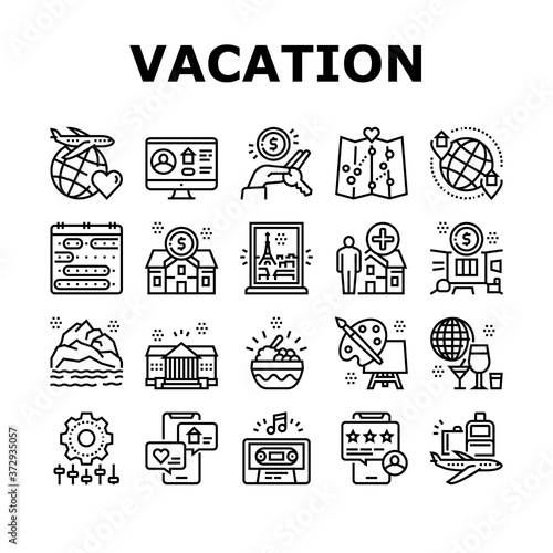 Vacation Rentals Place Collection Icons Set Vector. Vacation And Travel, Audio Guide Cassette And Calendar, House And Apartment Rent Black Contour Illustrations