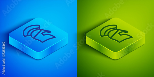 Isometric line Greek helmet icon isolated on blue and green background. Antiques helmet for head protection soldiers with a crest of feathers or horsehair. Square button. Vector.