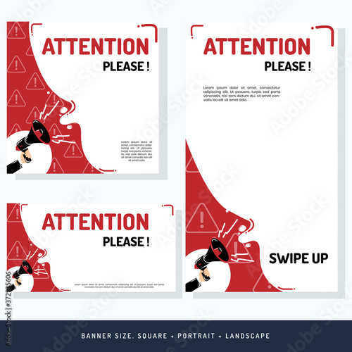 Attention please! red color with Hand holding a megaphone with a announcement.
Banner for digital and printout vector AI, eps10