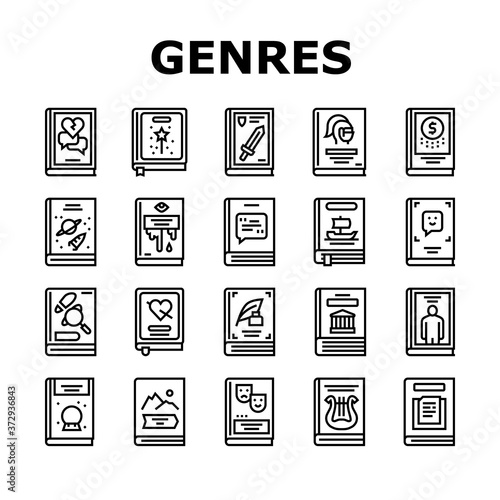 Literary Genres Books Collection Icons Set Vector. Drama And Fairy Tale, Fantasy And Historical, Business And Science Fiction Genres Black Contour Illustrations