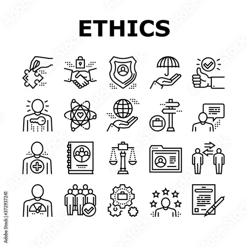 Business Ethics Moral Collection Icons Set Vector. Social Ethics And Partnership, Honesty And Impact, Handshake And Team Building Black Contour Illustrations