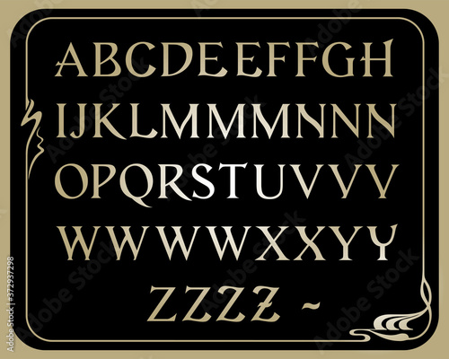 Ornate golden letters, ABC. Art Nouveau, modern style of 1920s. With variations. Decorative rectangular framework, modern style.