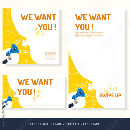 We want you ! yellow color with Hand holding a megaphone with a announcement.
Banner for digital and printout vector AI, eps10