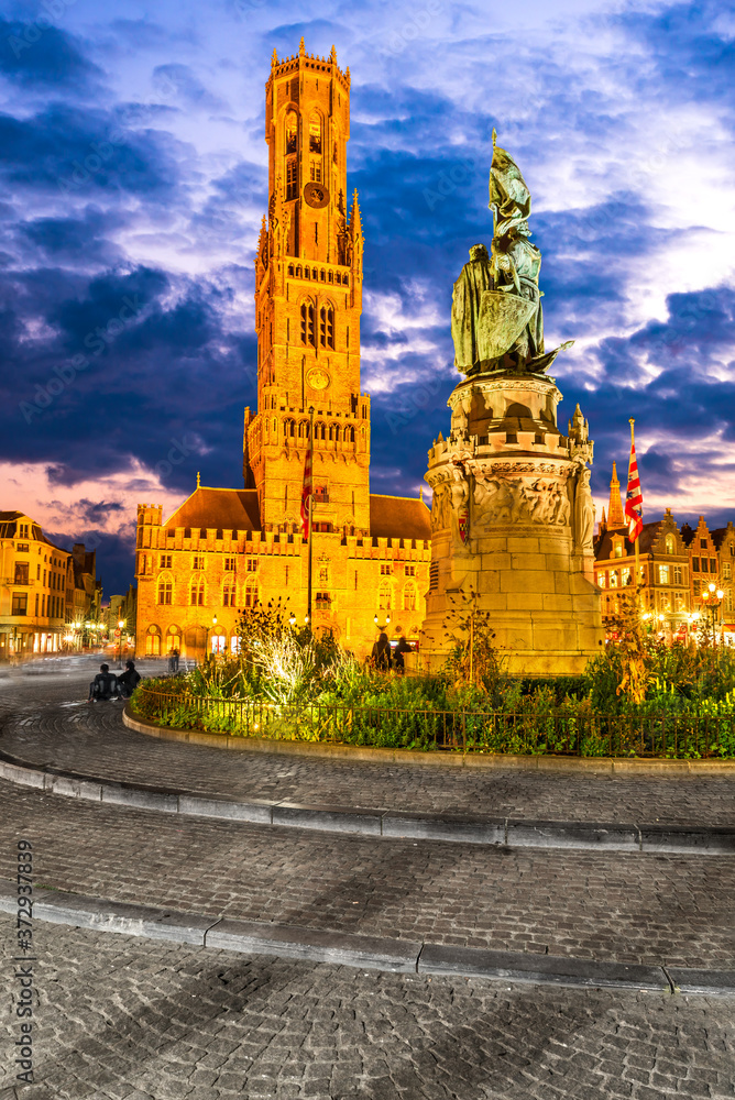 Fototapeta premium Bruges, Belgium - Belfort tower twilight view