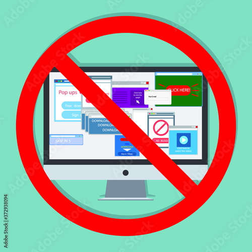 Ad blocking, Pop up ad blocker flat vector banner icon. Advertising on the tablet.Stop spam