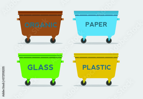 Different colored trash cans with paper, plastic, glass and organic waste suitable for recycling. Segregate waste.
