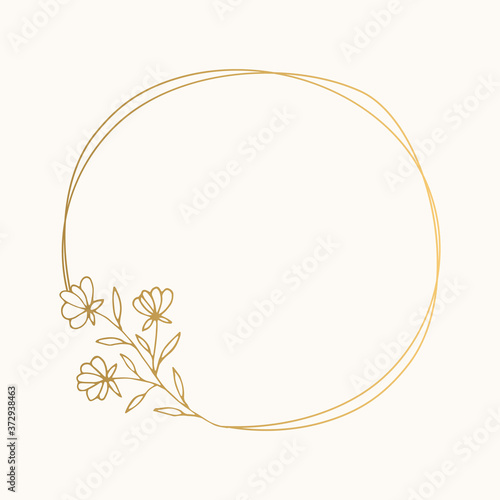Round frame with flowers. Wedding golden design. Vector illustration.