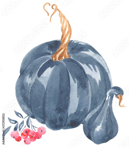 Watercolor illustration pumpkin composition in indigo color. Perfect for printing, textile design for Halloween and more. Autumn picture for souvenir products.
