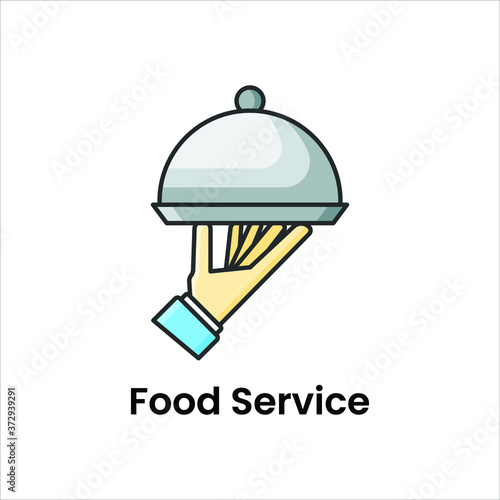 Hand holding cloche showing foodservice flat vector icon