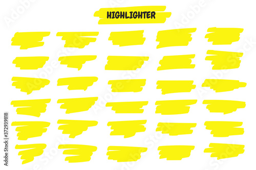 Highlight brush lines. Hand drawn yellow highlighter pen stroke line for word underline.
