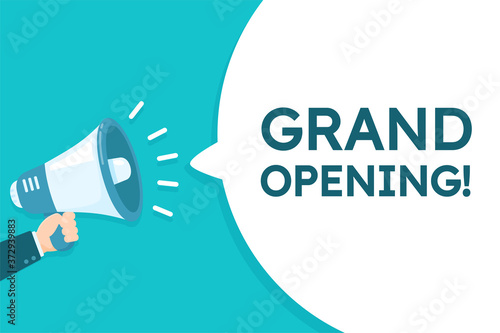 Megaphone shouting loudly announcement open soon you are invited