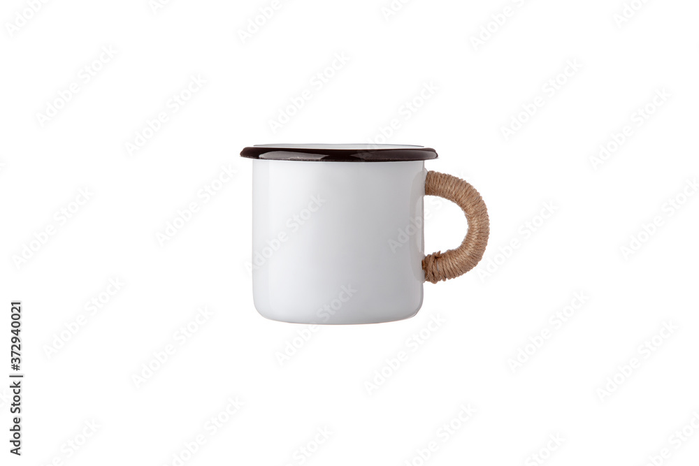 Metal travel mug with thermal insulation on the handle. Convenient unbreakable cup for hot and cold drinks isolate on a white back Metal travel mug with thermal insulation on the handle. Convenient unbreakable cup for hot and cold drinks isolate on a white back