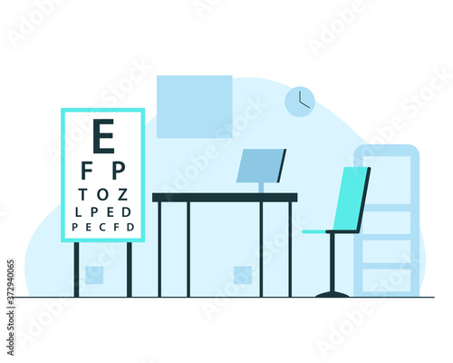 Ophthalmologist office interior. Vector concept illustration of optometrist office modern interior with white board with letters for eyesight check, desk, chair, computer and shelf. Empty oculist room