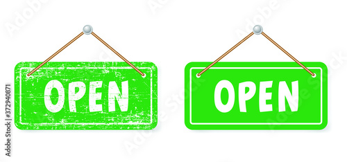 Open and closed board signs The sign is openly close, green and red label Vector hanging tags icons Come In, We're or We are Open Sorry we're closed signboard office or store market old door icons