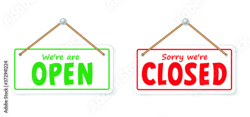 Open and closed board signs The sign is openly close, green and red label Vector hanging tags icons Come In, We're or We are Open Sorry we're closed signboard office or store market old door icons